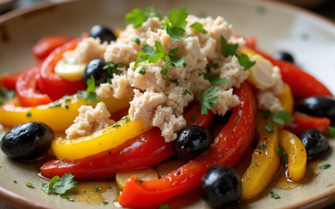Peperoni Saltati con e Aglio, Tonno, Olive e Prezzemolo