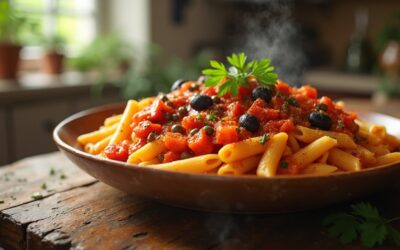 Penne con Sugo di Peperoni, Olive Nere e Capperi